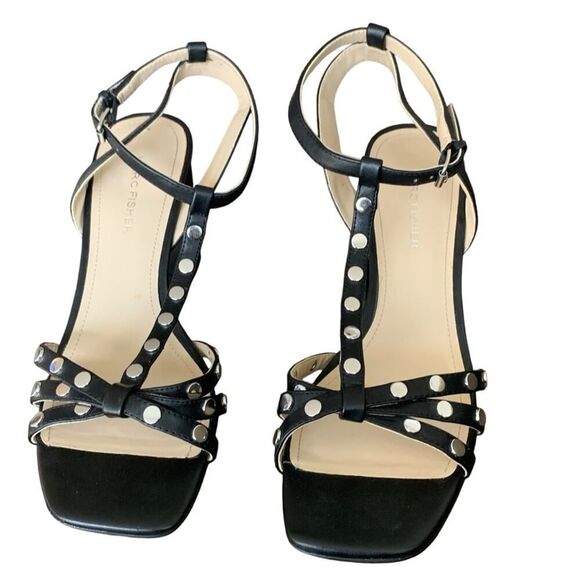 Marc Fisher Quilon Studded Heeled Sandal Women's Block T-Strap Black Size 9 1/2 - Picture 5 of 12